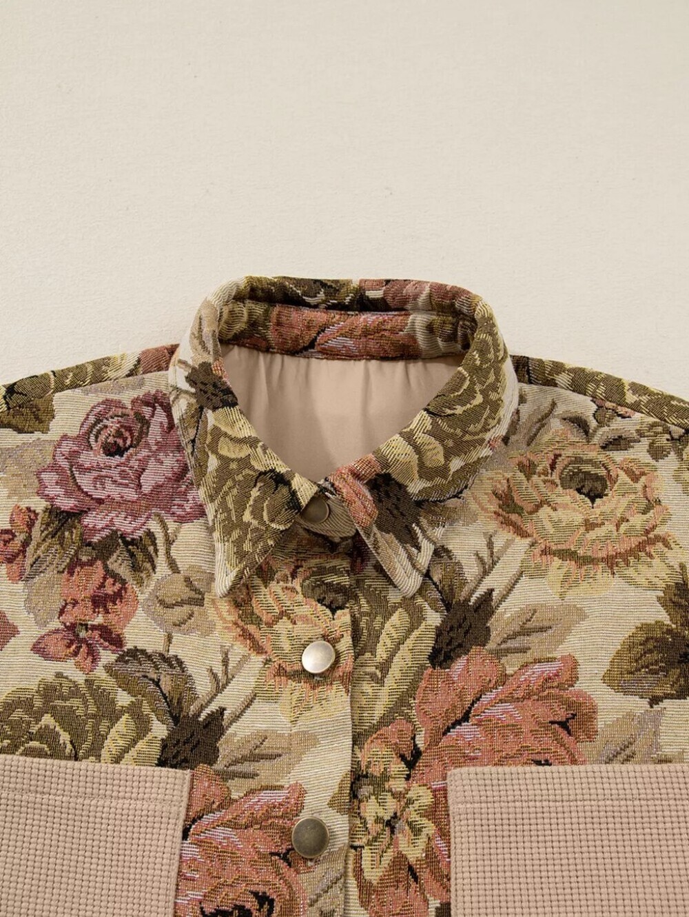 Floral Waffle Knit Patchwork Chest Pockets Buttoned Jacket - Picture 6 of 13